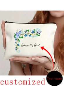 复古花卉化妆包 - 拉链化妆品收纳包，轻便多功能洗漱包，便携式化妆袋，送给妈妈、姐妹、女孩和侄女的完美礼物，适合度假、海滩、浴室、卧室使用，大容量，情人节、圣诞节、万圣节礼物，一体式设计，可定制姓名 - 米色 - 查看 9