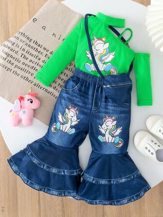 3件套女婴休闲不对称独角兽印花长袖上衣、牛仔效果喇叭裤和配套心形钱包