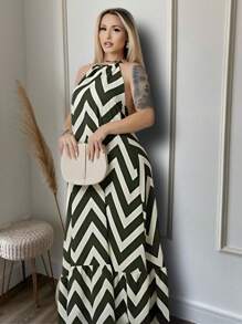 Long Zig Zag Striped Halter Dress. - Dark Green - View 1