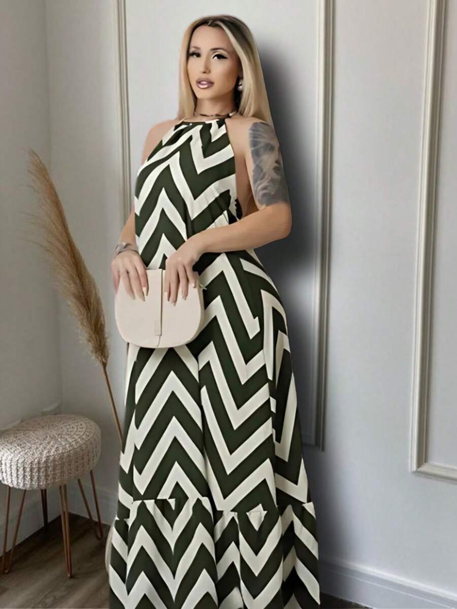 Long Zig Zag Striped Halter Dress. - Dark Green - View 1