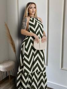 Long Zig Zag Striped Halter Dress. - Dark Green - View 2