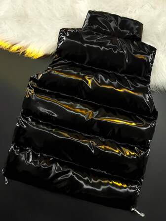 Men's Glossy Thick Vest Jacket With Stand Collar, Warm Outerwear, Autumn/Winter, 2000s Style