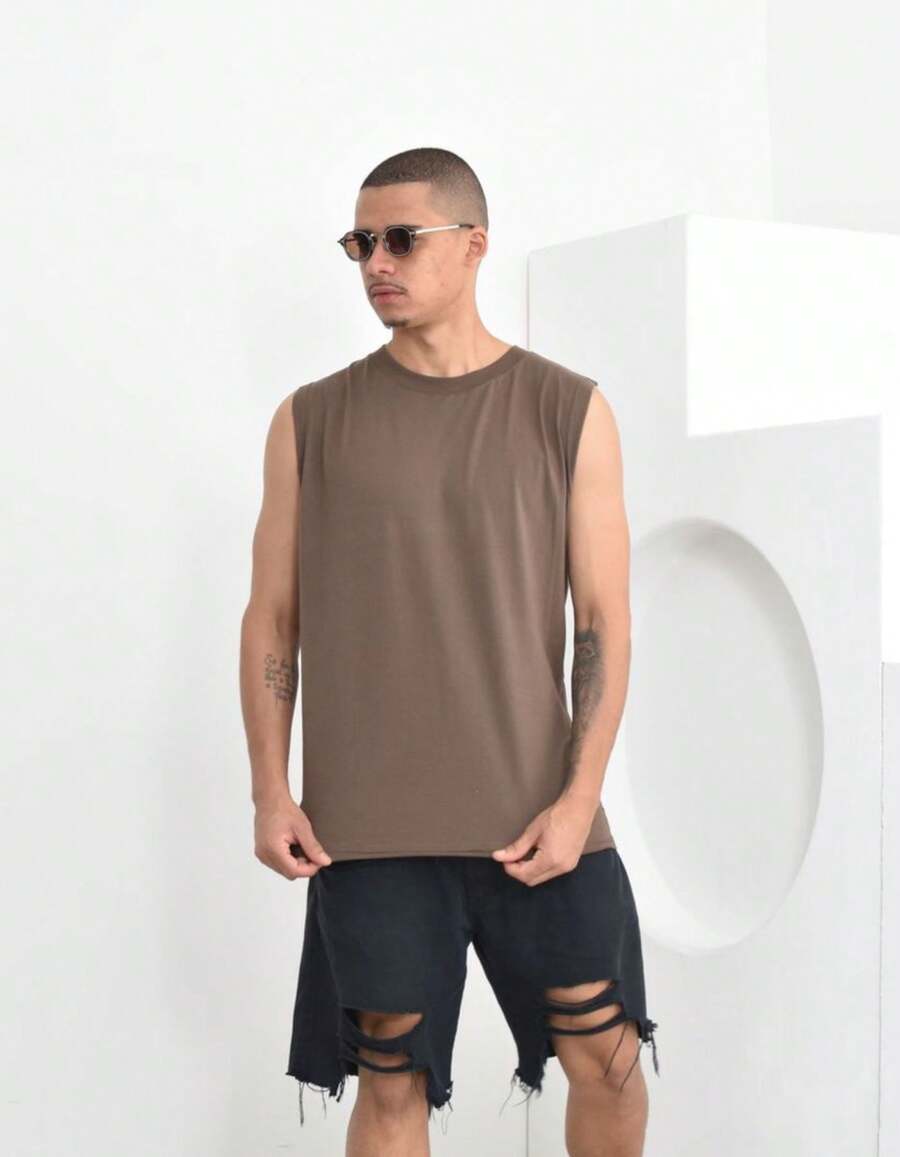 Basic Plain Macho Tank Top - Cà phê nâu - Xem 1