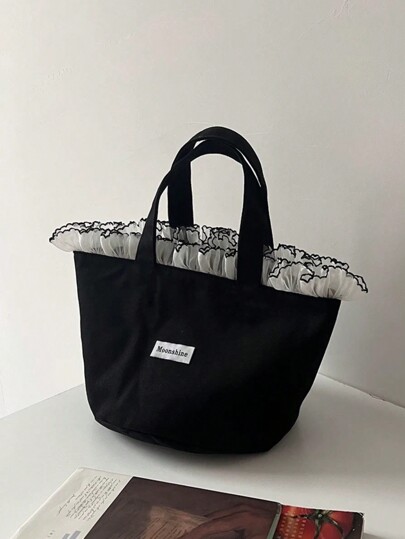 Letter Print Contrast Mesh & Ruffle Trim Woven Fabric Handheld Small Tote Bag, Vacation Essentials, Perfectly Matching With Beach Accessories Women