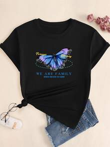 We Are Family Butterfly T-Shirt Women's Casual Comfort Print Premium Streetwear Blouse - 黑色 - 查看 1
