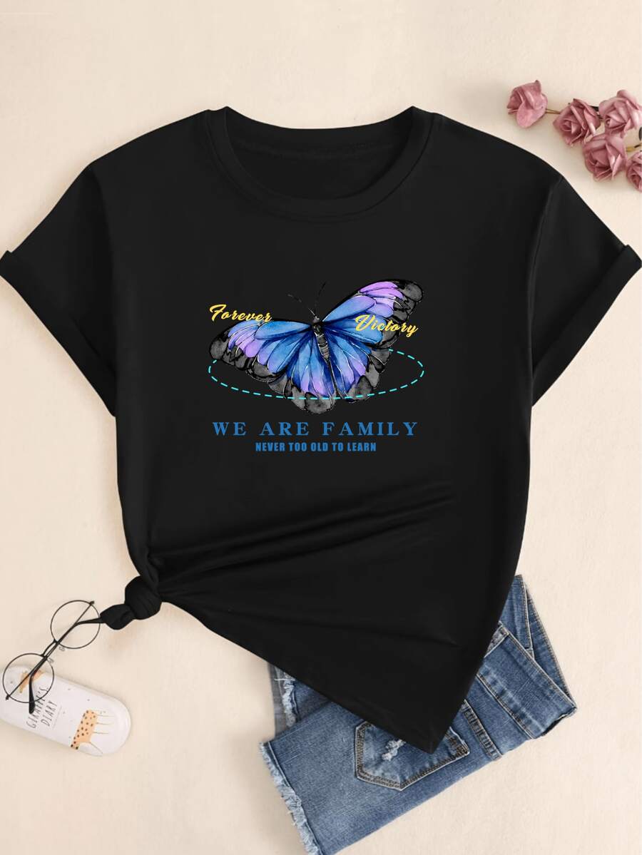 We Are Family Butterfly T-Shirt Women's Casual Comfort Print Premium Streetwear Blouse - 黑色 - 查看 1