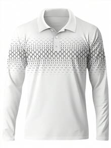 秋季男士休闲几何印花长袖 Polo 衫 - 白色 - 查看 2
