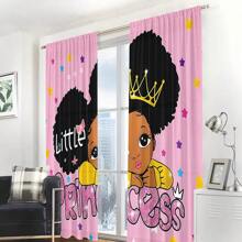 2pcs/Set Pink Cute Cartoon Little Girl Print Semi-Sheer Curtains, Pocket Rod Construction, Polyester Material, Suitable For Living Room, Princess Room, Kitchen, Bedroom, Home Decor