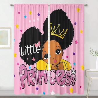 2pcs/Set Pink Cute Cartoon Little Girl Print Semi-Sheer Curtains, Pocket Rod Construction, Polyester Material, Suitable For Living Room, Princess Room, Kitchen, Bedroom, Home Decor