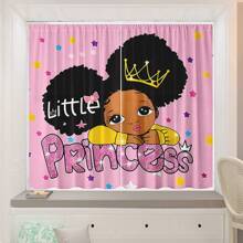 2pcs/Set Pink Cute Cartoon Little Girl Print Semi-Sheer Curtains, Pocket Rod Construction, Polyester Material, Suitable For Living Room, Princess Room, Kitchen, Bedroom, Home Decor