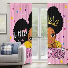 2pcs/Set Pink Cute Cartoon Little Girl Print Semi-Sheer Curtains, Pocket Rod Construction, Polyester Material, Suitable For Living Room, Princess Room, Kitchen, Bedroom, Home Decor