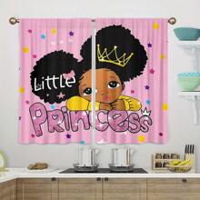 2pcs/Set Pink Cute Cartoon Little Girl Print Semi-Sheer Curtains, Pocket Rod Construction, Polyester Material, Suitable For Living Room, Princess Room, Kitchen, Bedroom, Home Decor