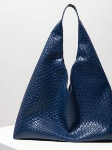 Vintage PU Woven Texture Shoulder Bag, Large Capacity Tote Bag, Minimalist Underarm Bag, Big Handbag, Daily Commute & Shopping Bag (Pattern Random) - Blue - View 4
