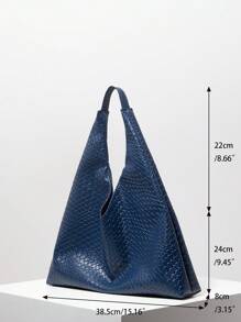 Vintage PU Woven Texture Shoulder Bag, Large Capacity Tote Bag, Minimalist Underarm Bag, Big Handbag, Daily Commute & Shopping Bag (Pattern Random) - Blue - View 7