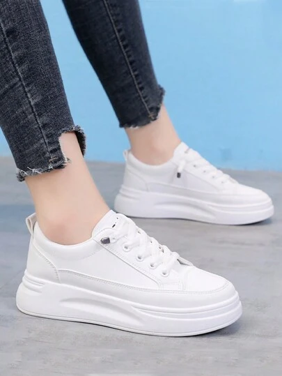 Color sólido de las mujeres suela gruesa con cordones cómodos zapatos deportivos casuales ligeros, transpirable de malla antideslizante zapatos de tenis, adecuado para los deportes al aire libre, correr, baloncesto, zapatos deportivos de compras