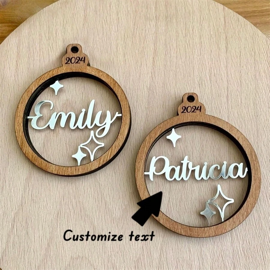 个性化圣诞饰品，金属和木材，不锈钢激光切割名称，定制名称饰品，圣诞树装饰品，木制饰品，圣诞装饰品，手工制作饰品，闪亮效果 - 彩色 - 查看 1