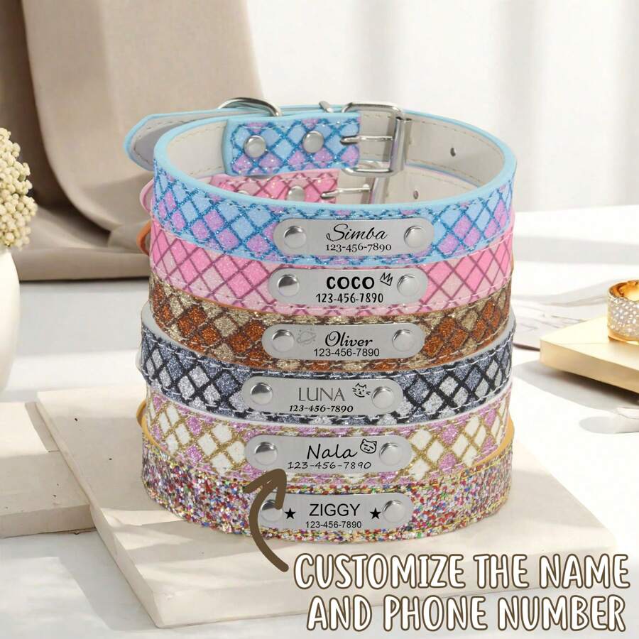 1 chiếc Vòng cổ cho chó cưng bằng vải PU kẻ sọc sequin tùy chỉnh có họa tiết thú vị, bảng tên khắc, số điện thoại, kích thước có thể điều chỉnh, phù hợp với chó nhỏ và vừa, mèo để tránh mất mát - Bạc - Xem 1