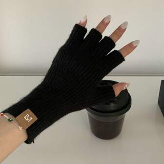Solid Color Half Finger Gloves, Exposed Fingers, Student Handwriting, Typing, Cycling, Touch Screen, Warm Half Finger Kn