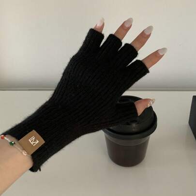 Solid Color Half Finger Gloves, Exposed Fingers, Student Handwriting, Typing, Cycling, Touch Screen, Warm Half Finger Kn
