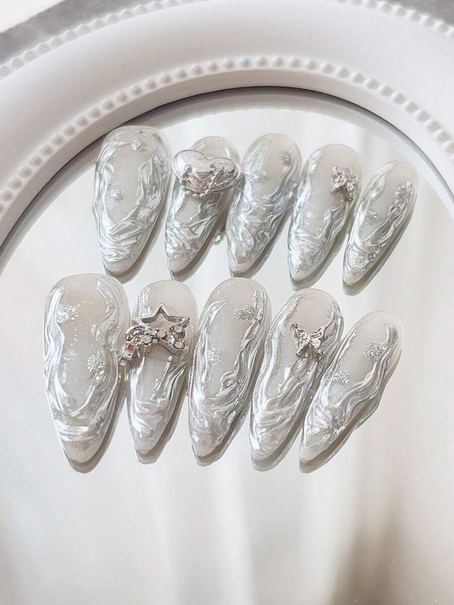 10pcs Silver Metallic Liquid Metal Nail Art Stickers, Almond Shaped