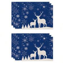 1 Stück/4 Stück/6 Stück, Weihnachten Winter Tisch-Platzsets, Weihnachten blaue Grünpflanzen Schneeflocken Rentier Leinen Platzsets, schmutzabweisende Platzsets, geeignet für Zuhause, Esszimmer und Restaurant, Tischdekor, Heimwaren