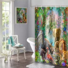 Wildlife Forest Shower Curtain Sets With Hooks Animal Print Bathroom Decor - 彩色 - 查看 3