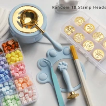 17件套蜡封印章套装（印章头随机），包含猫爪形状的印章垫，适用于剪贴簿、卡片制作、DIY手工、生日礼物蜡封套装、万圣节和圣诞节礼物首字母蜡封 - 藍色 - 查看 1