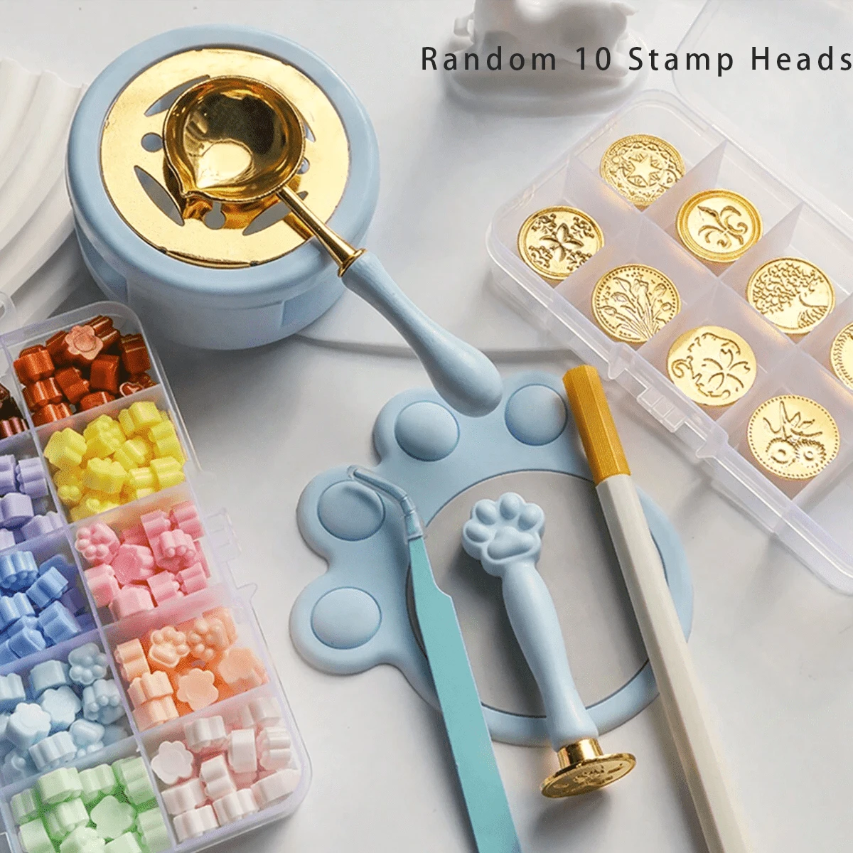 17件套蜡封印章套装（印章头随机），包含猫爪形状的印章垫，适用于剪贴簿、卡片制作、DIY手工、生日礼物蜡封套装、万圣节和圣诞节礼物首字母蜡封 - 藍色 - 查看 1
