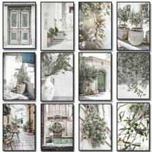 1 pieza Pintura en lienzo minimalista escandinava con el árbol de olivo italiano, las ramas y las hojas, la arquitectura, sin marco, para decoración del hogar