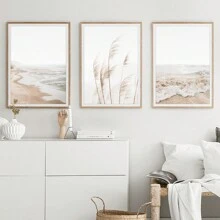 Conjunto de 3 impresiones de arte de pared estilo boho sin marco de temática costera neutra, incluye impresión de pasto pampa, minimalista, fotografía paisajística del océano, decoración estética para el hogar, arte de pared impermeable en lienzo, pintura mural para regalo, dormitorio, sala de estar, oficina, baño, hogar y decoración de dormitorio