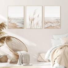 Conjunto de 3 impresiones de arte de pared estilo boho sin marco de temática costera neutra, incluye impresión de pasto pampa, minimalista, fotografía paisajística del océano, decoración estética para el hogar, arte de pared impermeable en lienzo, pintura mural para regalo, dormitorio, sala de estar, oficina, baño, hogar y decoración de dormitorio
