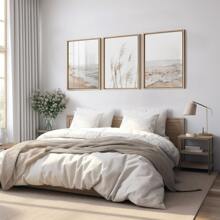Conjunto de 3 impresiones de arte de pared estilo boho sin marco de temática costera neutra, incluye impresión de pasto pampa, minimalista, fotografía paisajística del océano, decoración estética para el hogar, arte de pared impermeable en lienzo, pintura mural para regalo, dormitorio, sala de estar, oficina, baño, hogar y decoración de dormitorio