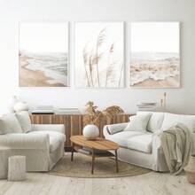 Conjunto de 3 impresiones de arte de pared estilo boho sin marco de temática costera neutra, incluye impresión de pasto pampa, minimalista, fotografía paisajística del océano, decoración estética para el hogar, arte de pared impermeable en lienzo, pintura mural para regalo, dormitorio, sala de estar, oficina, baño, hogar y decoración de dormitorio