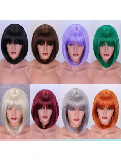 Stylish Bob Cut Short Wig With Bangs - Straight, Heat Resistant Synthetic Wig Suitable For Beginners - Perfect For Women, Music Festivals, Everyday Wear And Cosplay Party