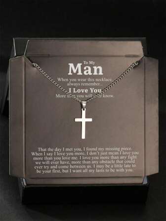 1pc Minimalist Men's Stainless Steel Cross Pendant Necklace Gift Box, Suitable For Gifting To Boyfriend/Husband, Comes With Love Quote Card To Express Affection