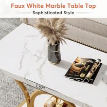 Tribesigns Rectangle Coffee Table, 2-Tier Faux Marble Wood Coffee Table With Geometric Legs, Furniture With Storage Shelf, 120 Cm Modern Coffee Tables For Living Room (White & Gold) - White - View 6