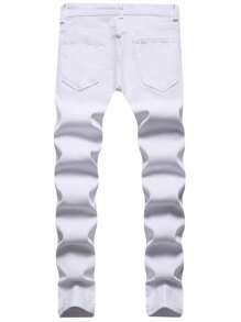 Men's Fashion Ripped Letter Embroidered Stretch Skinny Jeans - White - View 2