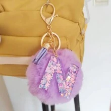 Adorable Glitter Initial Pompom Keychain - Sparkling Resin Alphabet Pendant With Fluffy Letter Charm For Girls' Bags, Backpacks, And Accessories - Personalized Idea For Teens And Young Ladies Halloween Accessories Teachers Day Christmas Gift Ideas Bag Accessories Lanyards With Id Holder Car Accessories Bag Charms