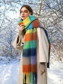 1PC Boho Colorful Grid Tassel Chunky Scarf Thickened Soft Warm Tassel Shawl Autumn Winter Coldproof Windproof Wrapped Neck Scarf - Multicolor - View 9