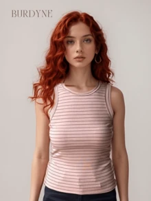 Kit 2 Basic Striped Ribbed Ribbed Tank Top Women's Summer Gringa Blouse - 米色/棕色 - 查看 5