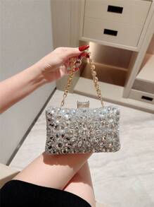 1pc Luxury Box Shaped Rhinestone Evening Clutch Bag, Formal Party Handbag, Shiny Rhinestone Mini Box Shaped Evening Bag For Formal Dress, Ball, Wedding, Anniversary, Glamorous Rhinestone Bag