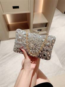 1pc Luxury Box Shaped Rhinestone Evening Clutch Bag, Formal Party Handbag, Shiny Rhinestone Mini Box Shaped Evening Bag For Formal Dress, Ball, Wedding, Anniversary, Glamorous Rhinestone Bag