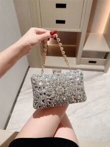 1pc Luxury Box Shaped Rhinestone Evening Clutch Bag, Formal Party Handbag, Shiny Rhinestone Mini Box Shaped Evening Bag For Formal Dress, Ball, Wedding, Anniversary, Glamorous Rhinestone Bag