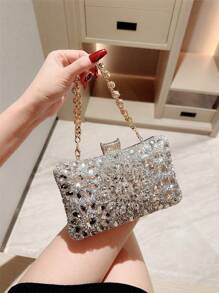 1pc Luxury Box Shaped Rhinestone Evening Clutch Bag, Formal Party Handbag, Shiny Rhinestone Mini Box Shaped Evening Bag For Formal Dress, Ball, Wedding, Anniversary, Glamorous Rhinestone Bag