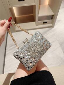 1pc Luxury Box Shaped Rhinestone Evening Clutch Bag, Formal Party Handbag, Shiny Rhinestone Mini Box Shaped Evening Bag For Formal Dress, Ball, Wedding, Anniversary, Glamorous Rhinestone Bag