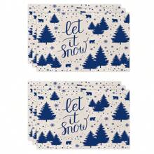 1 Stück/4 Stück/6 Stück, Weihnachten Winter Tisch-Platzsets, Weihnachten blaue Grünpflanzen Schneeflocken Rentier Leinen Platzsets, schmutzabweisende Platzsets, geeignet für Zuhause, Esszimmer und Restaurant, Tischdekor, Heimwaren