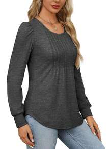 Chemisier femme 2024 style européen et américain, manches longues, blouse d'automne, chemise casual plissée col rond bas ceinturée - Gris foncé - Voir 3