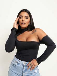 Women's Long Sleeve Asymmetrical Bodysuit With Cutout On The Bust And Open Neckline