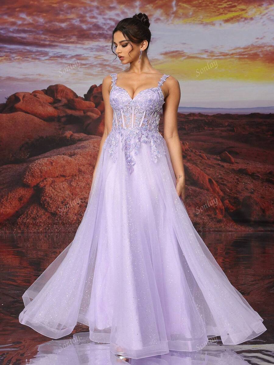 Purple Tulle Slip Dress Long A Line Sparkly Embroidery Prom Dress for