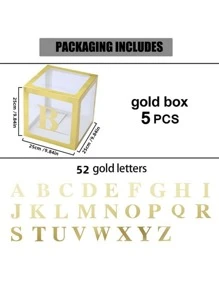 5 pièces de boîtes de ballons transparentes dorées avec 52 lettres, boîtes à blocs claires dorées, pour décoration de fête d'anniversaire, de mariage, de révélation de sexe, réutilisables, dans une boîte-cadeau, Noël